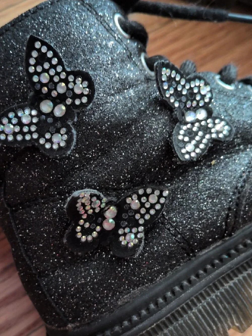Kids Black Glitter Lace-Up Ankle Boots With Butterflies‎ Size 10